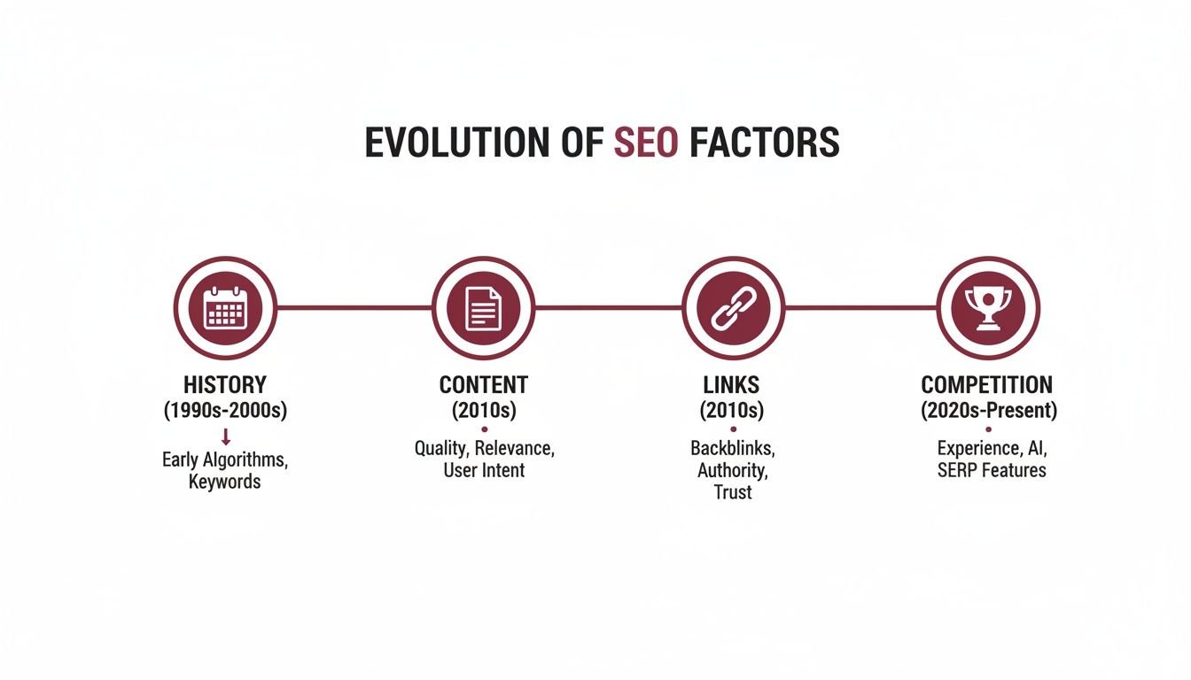 Timeline illustrating the evolution of SEO factors from early algorithms to present-day AI.