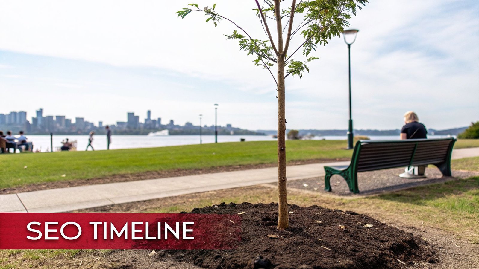 Park view with a river, distant city, newly planted tree, and people. Red banner says 'SEO TIMELINE'.