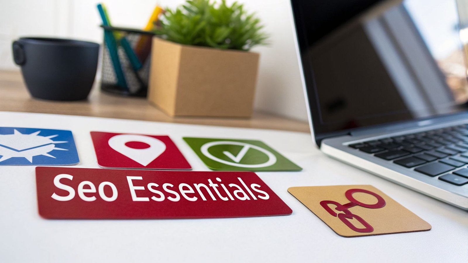 A desk setup featuring an 'SEO Essentials' card, various SEO-related icon cards, and a laptop.