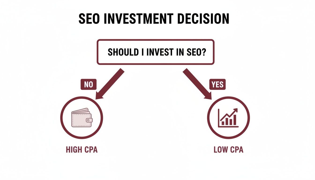 A flowchart illustrating the SEO investment decision, showing 'No' leads to high CPA and 'Yes' leads to low CPA.