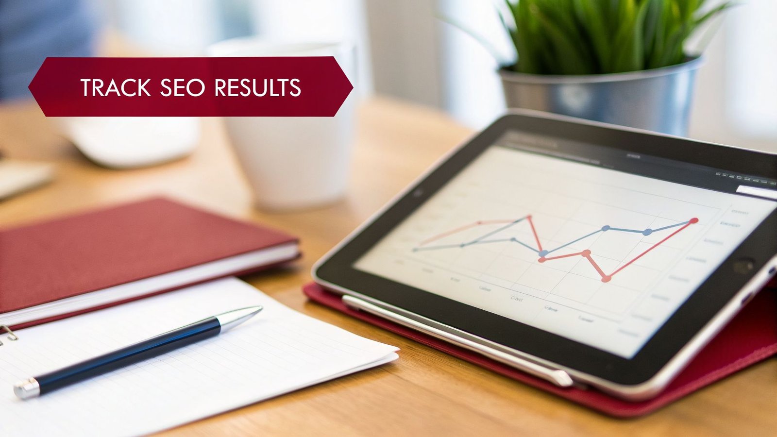 Tablet showing a line graph, next to a notebook, pen, and a banner stating 'TRACK SEO RESULTS' on a wooden desk.