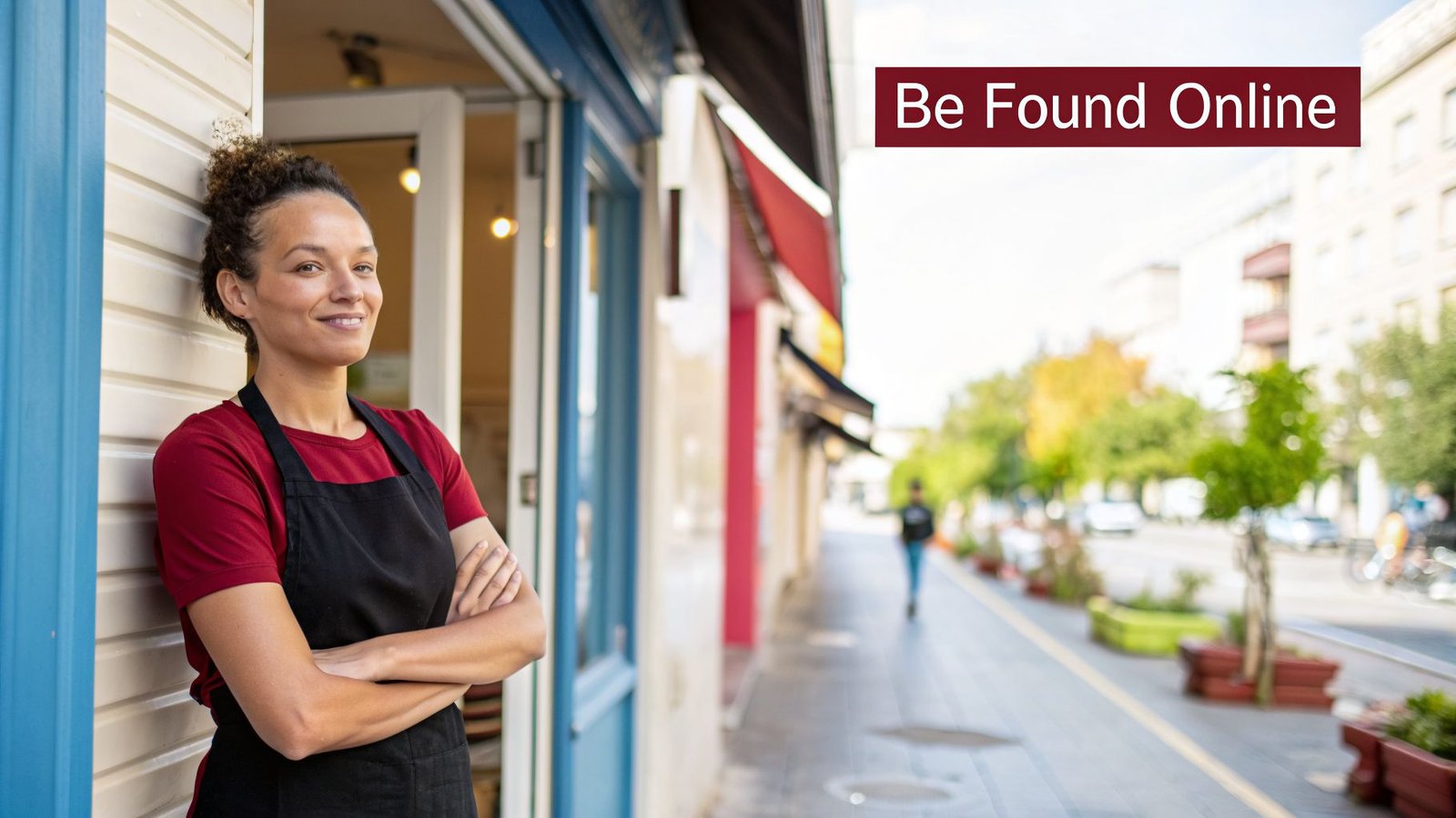 A smiling female small business owner in an apron stands proudly outside her shop, ready to be found online.