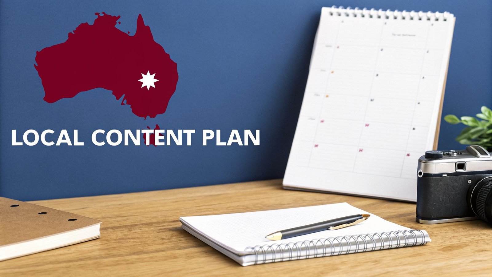 A desk setup with notebooks, a pen, a calendar, and a camera, below a map of Australia.