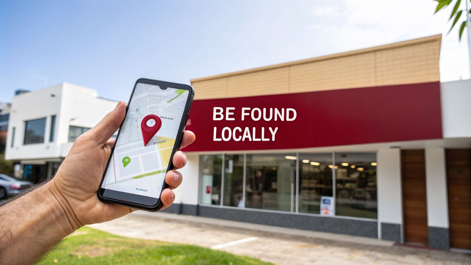 A hand holds a smartphone showing a map with a location pin, in front of a 'BE FOUND LOCALLY' sign on a building.