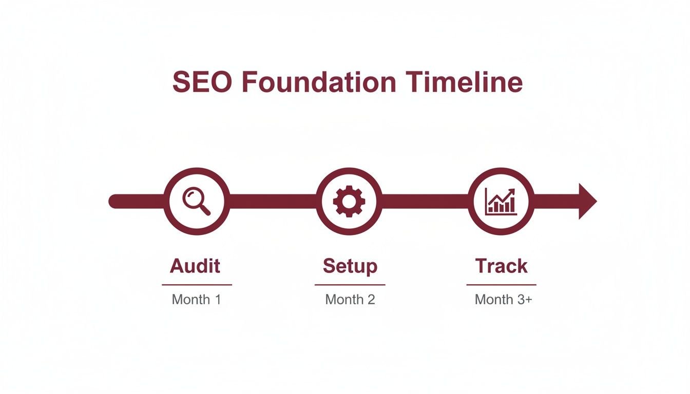 SEO foundation timeline with three steps: Audit (Month 1), Setup (Month 2), and Track (Month 3+).