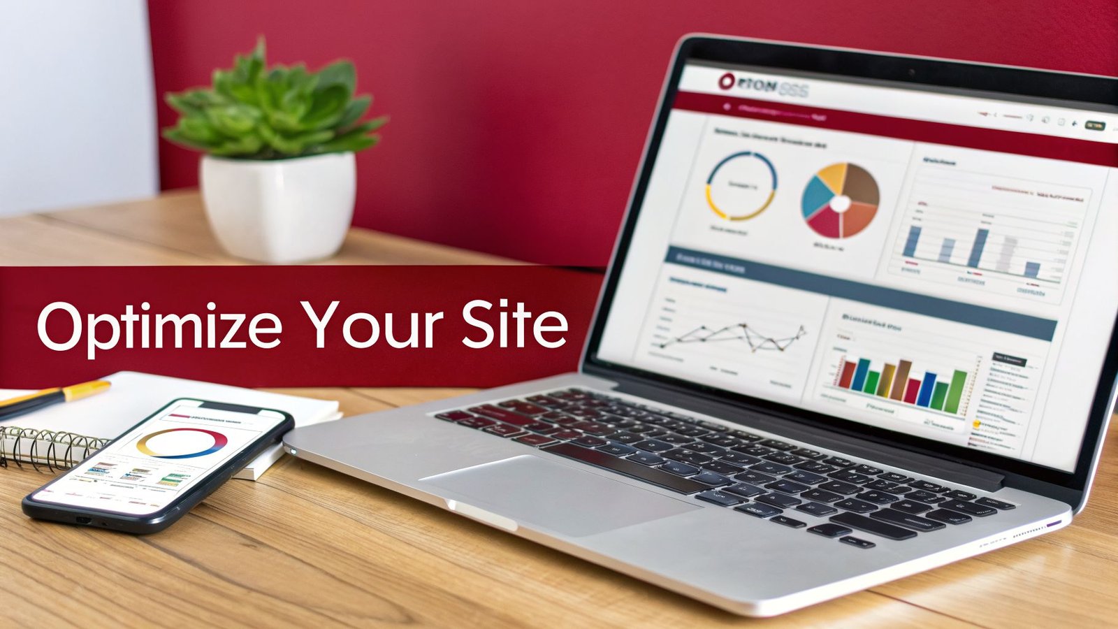 Laptop and smartphone displaying analytics dashboards for website optimization, with a red banner stating 'Optimize Your Site'.