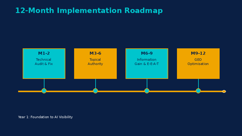 12-month SEO implementation roadmap — 4 phases from technical audit to GEO optimisation for Australian businesses